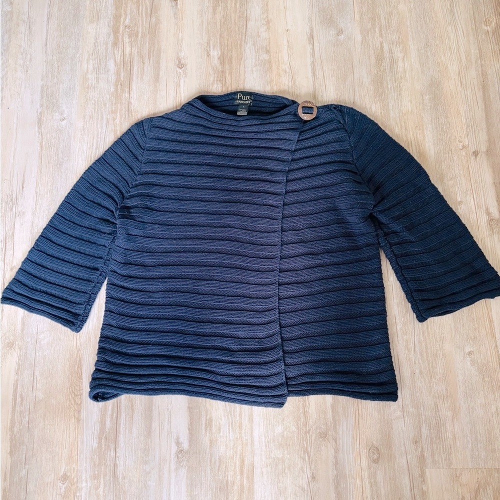 Pure Handknit Navy Cable Knit Cotton Sweater Crossover Front Button Large